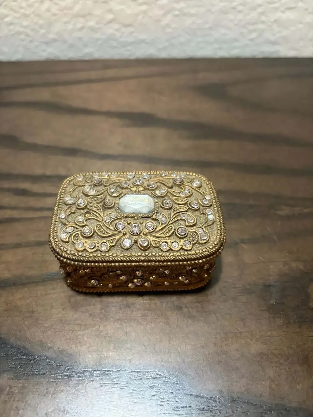 Ornate Gold-Tone Metal Hinged Trinket Box with Faux Crystals and Marbleized Inte